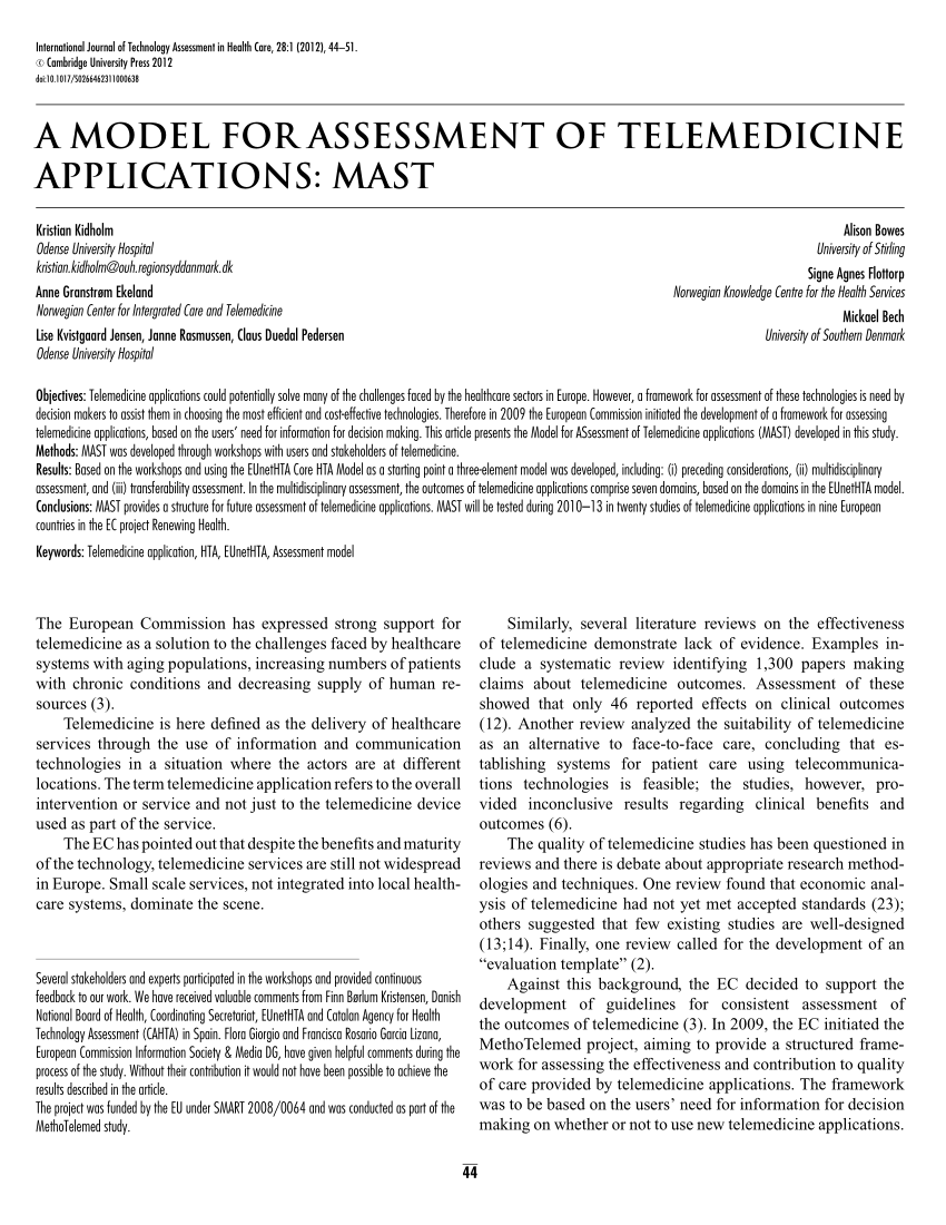 PDF) A Model for Assessment of Telemedicine applications: MAST