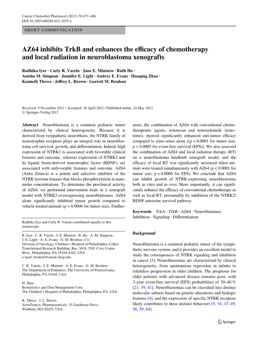 Pdf Az64 Inhibits Trkb And Enhances The Efficacy Of Chemotherapy And Local Radiation In Neuroblastoma Xenografts