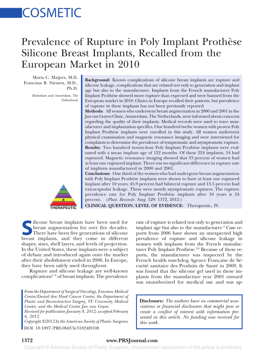chokolade Outlook Let at ske PDF) Prevalence of Rupture in Poly Implant Prothese Silicone Breast Implants,  Recalled from the European Market in 2010