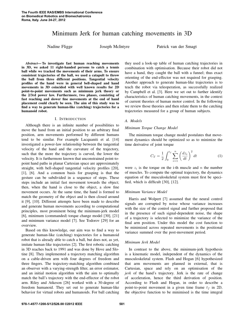 Pdf Minimum Jerk For Human Catching Movements In 3d