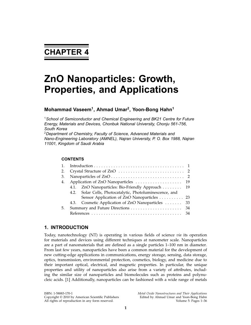 Pdf Zno Nanoparticles Growth Properties And Applications