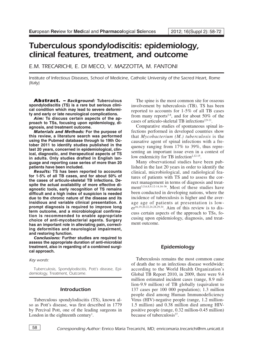 PDF) Tuberculous spondylodiscitis: Epidemiology, clinical features,  treatment, and outcome