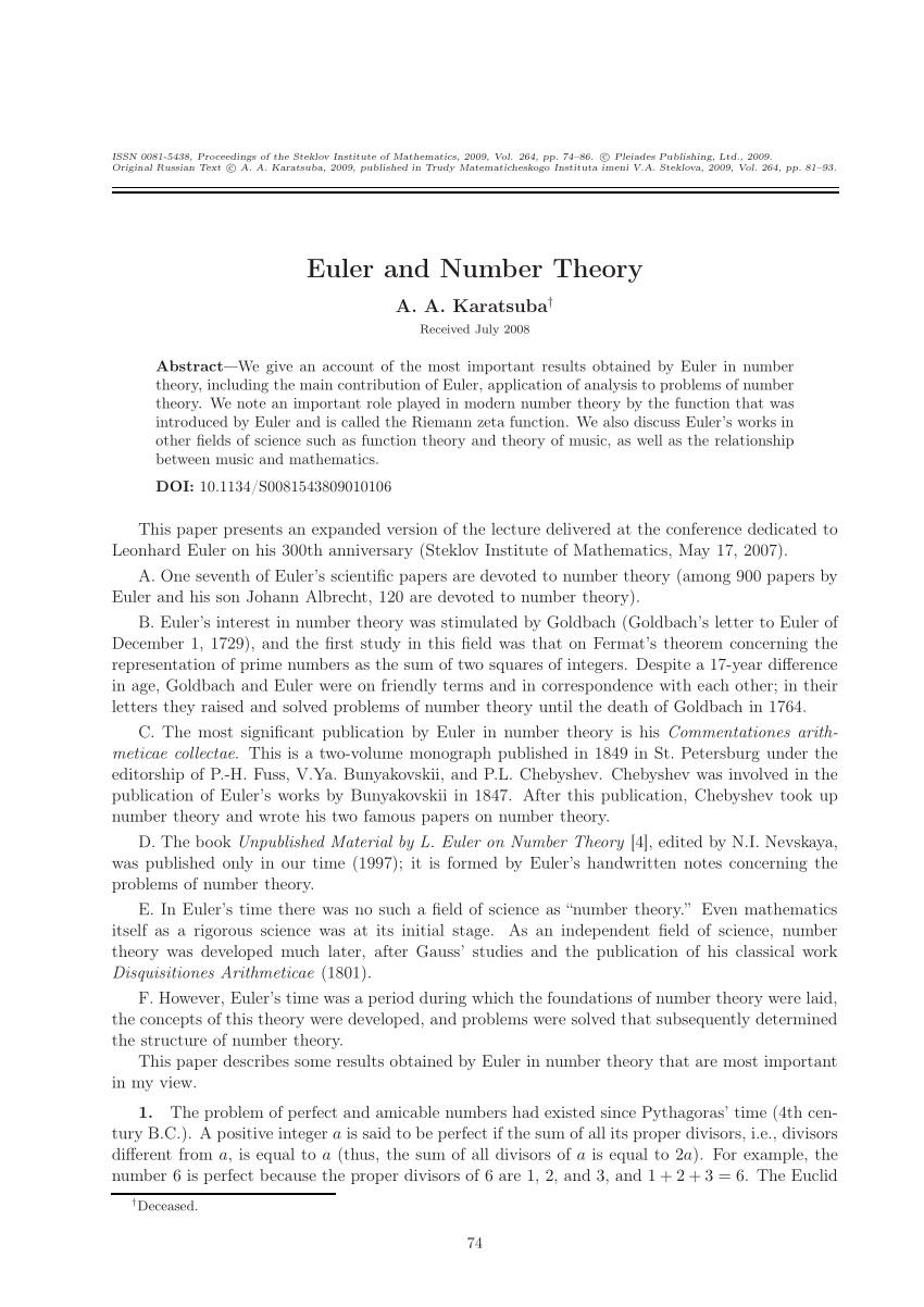 Pdf Euler And Number Theory