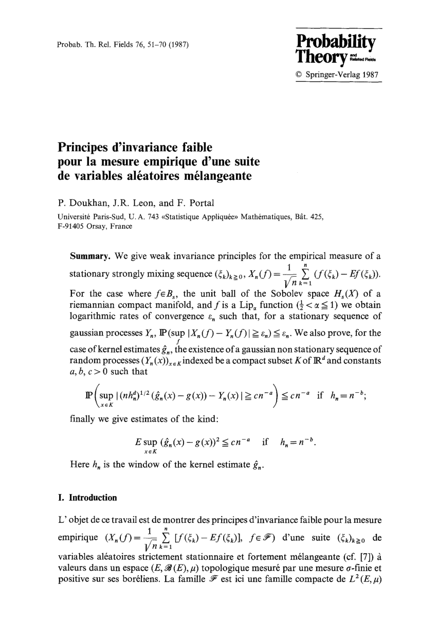 Pdf Principes D Invariance Faible Pour La Mesure Empirique D Une Suite De Variables Aleatoires Melangeante
