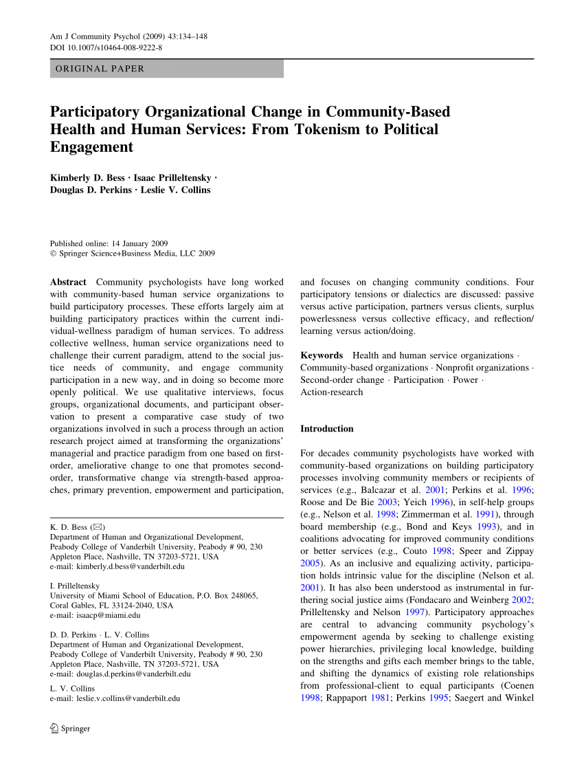 Pdf Participatory Organizational Change In Community Based Health And Human Services From Tokenism To Political Engagement