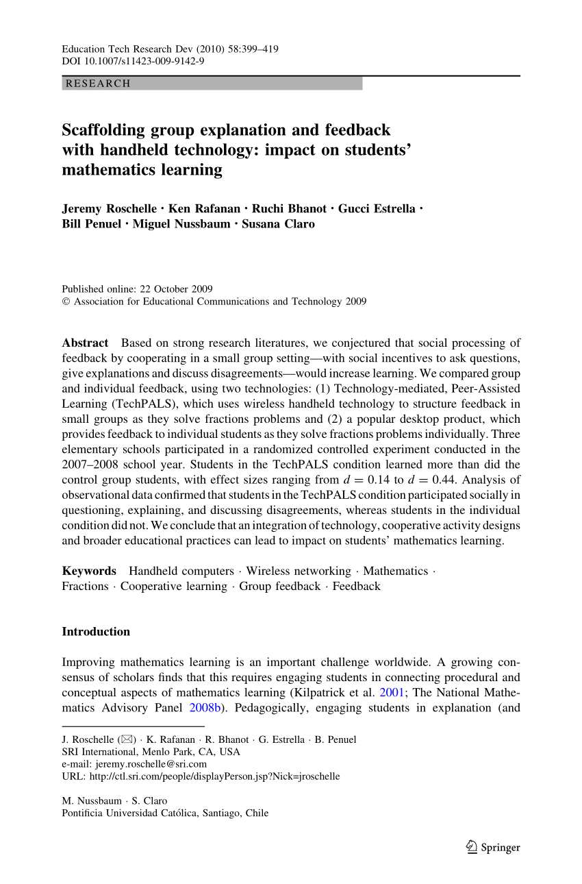 Pdf Scaffolding Group Explanation And Feedback With Handheld Technology Impact On Students Mathematics Learning
