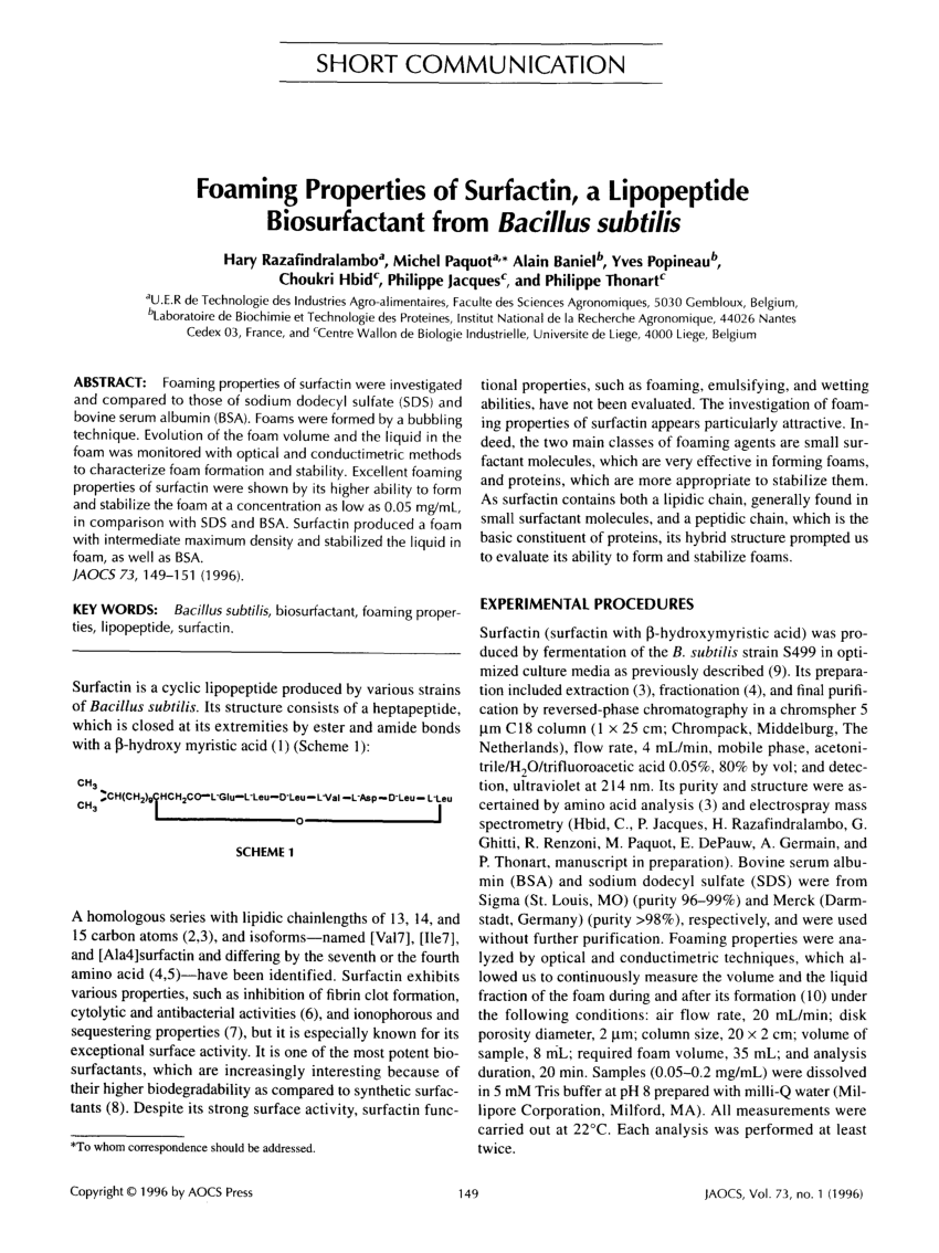 Pdf Foaming Properties Of Surfactin A Lipopeptide Biosurfactant From Bacillus Subtilis