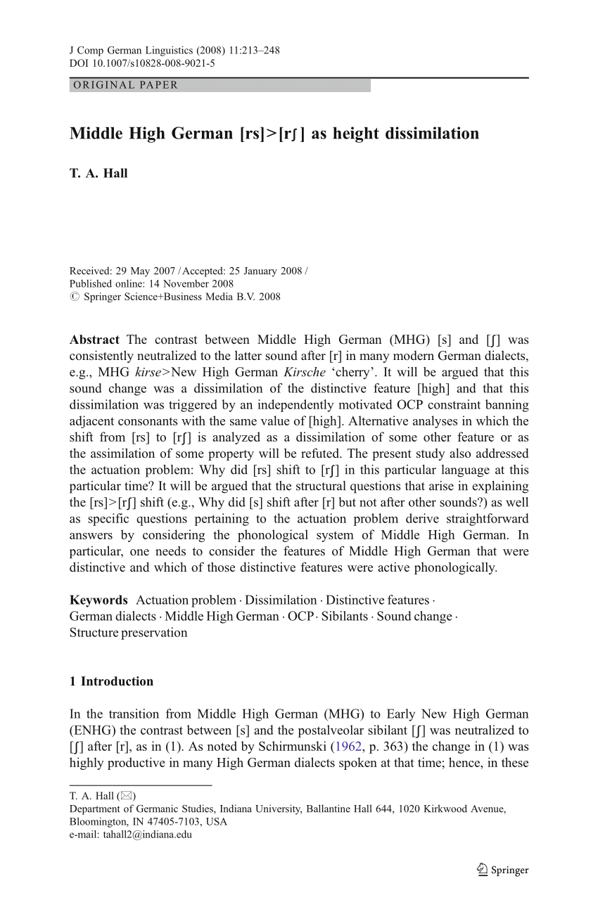 Pdf Middle High German Rs R As Height Dissimilation