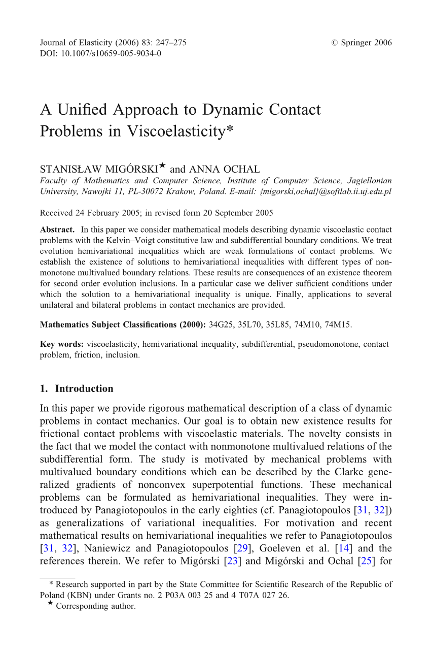 Pdf A Unified Approach To Dynamic Contact Problems In Viscoelasticity