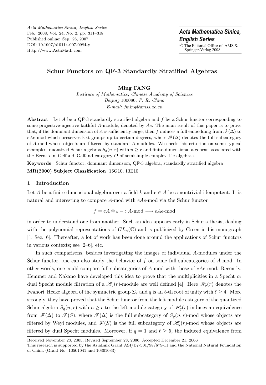 Pdf Schur Functors On Qf 3 Standardly Stratified Algebras