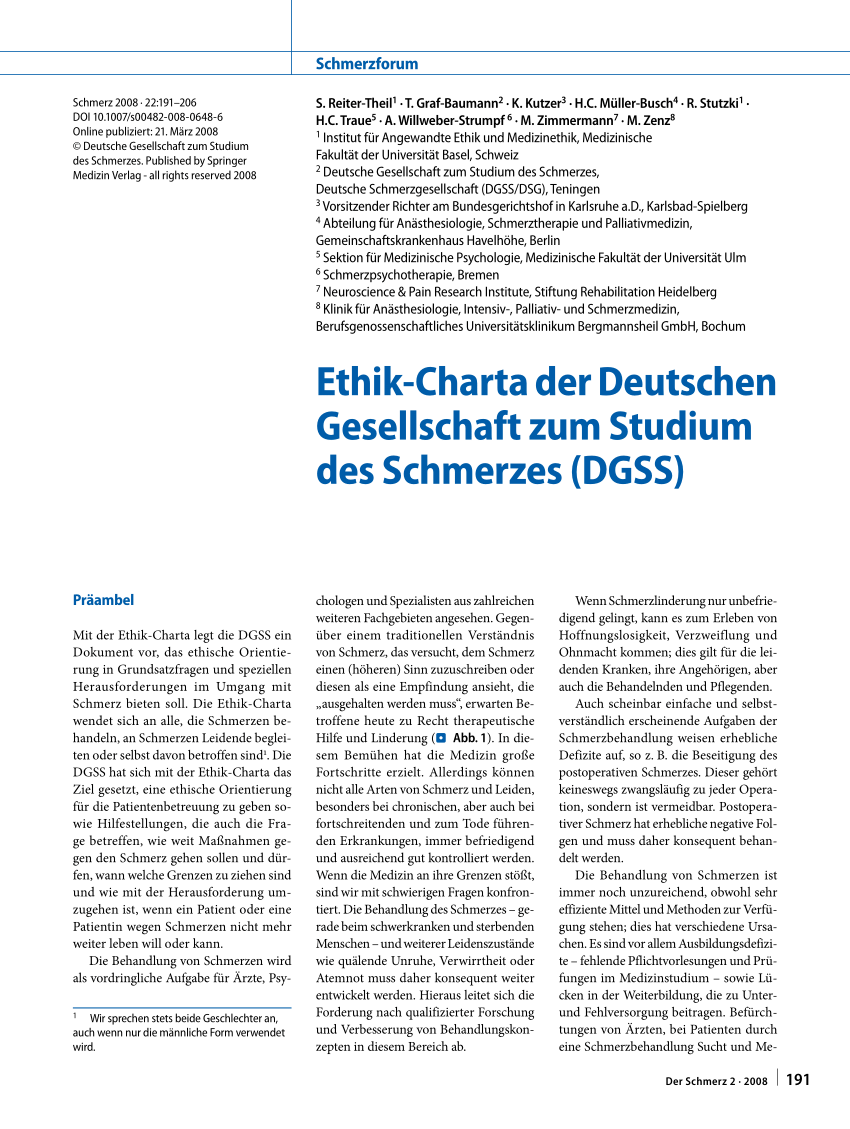 PDF Ethik Charta der Deutschen Gesellschaft zum Studium des Schmerzes DGSS