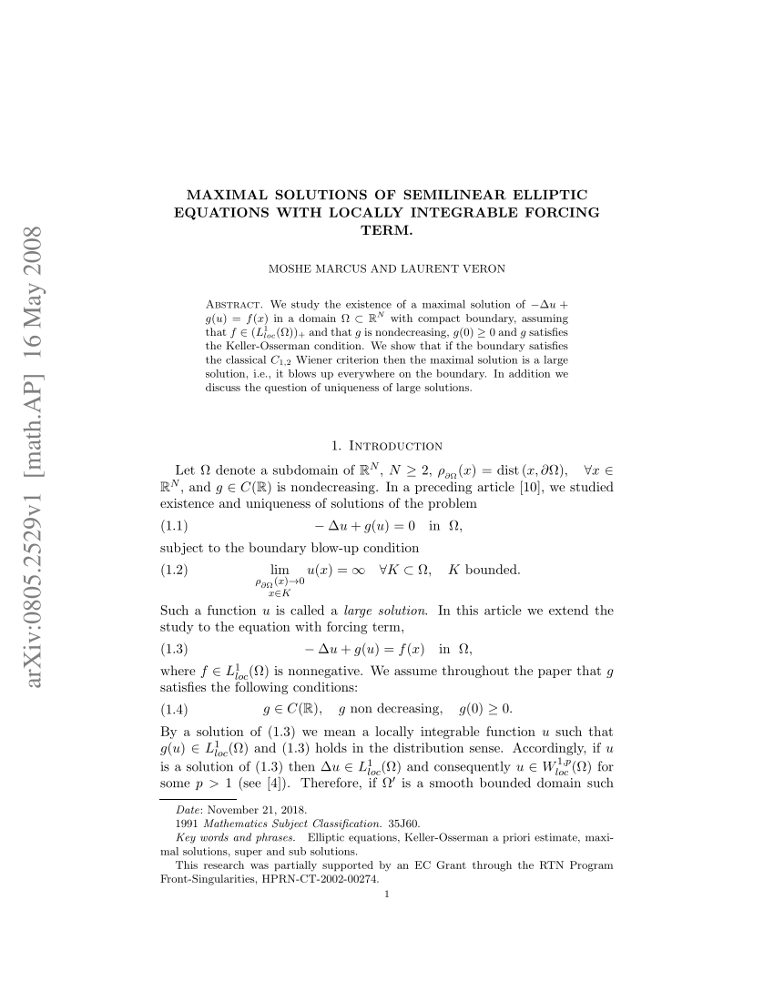 Pdf Maximal Solutions Of Semilinear Elliptic Equations With Locally Integrable Forcing Term