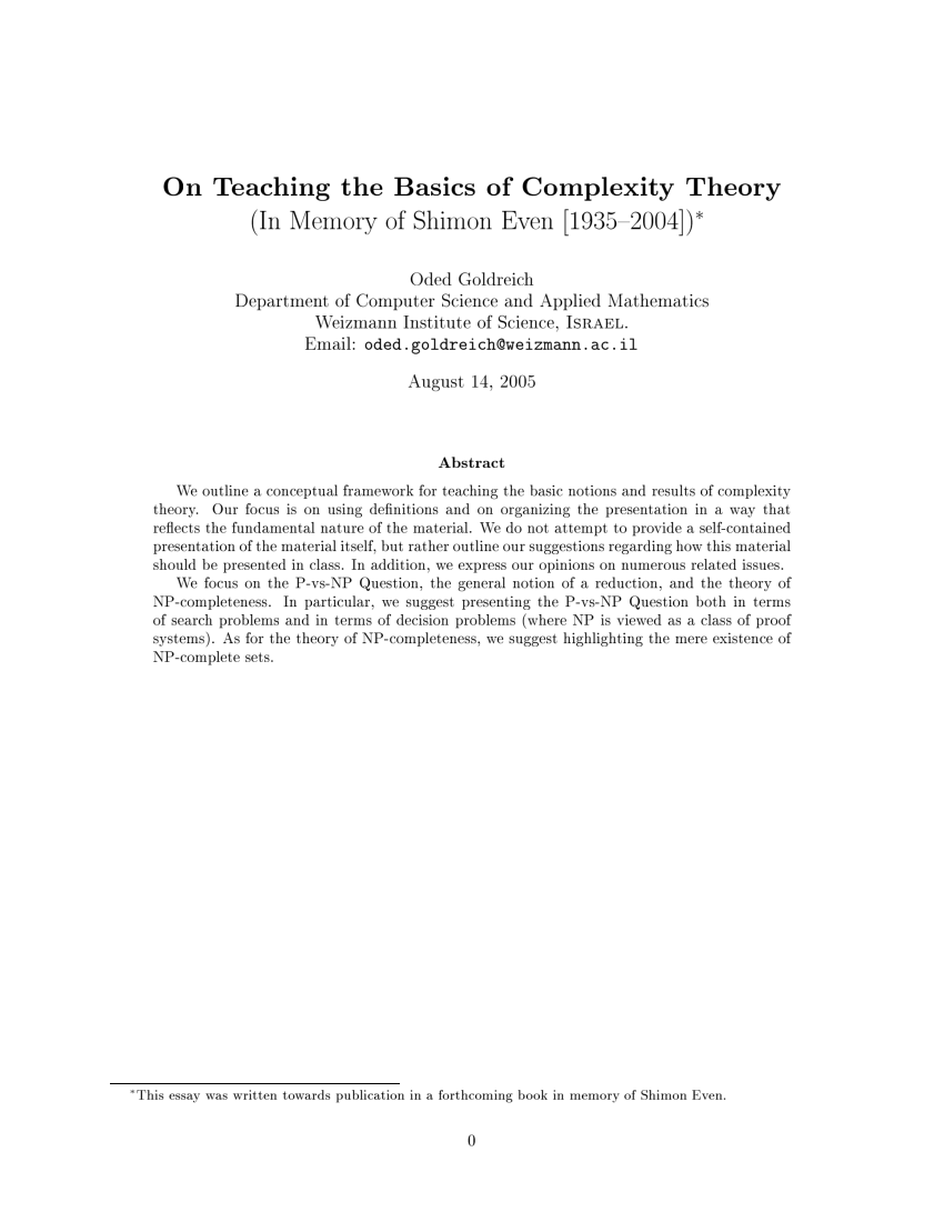 (PDF) On Teaching the Basics of Complexity Theory