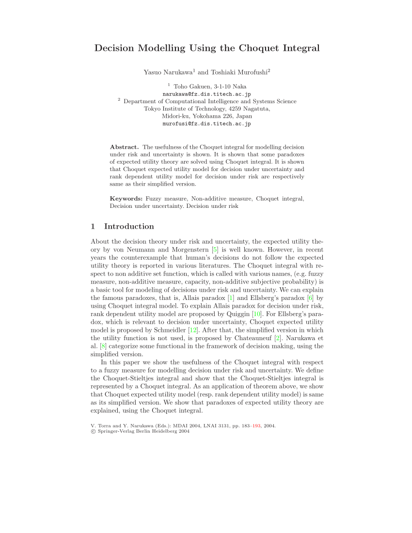 Pdf Decision Modelling Using The Choquet Integral