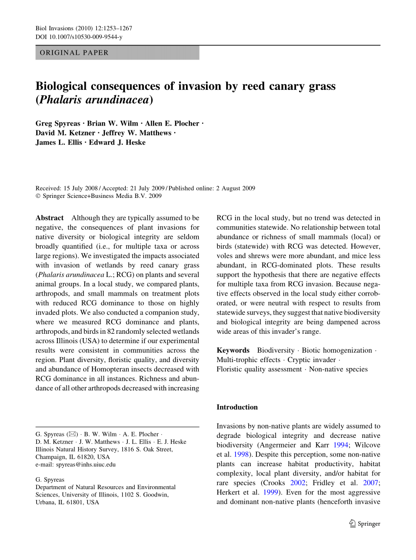 Pdf Biological Consequences Of Invasion By Reed Canary Grass Phalaris Arundinacea
