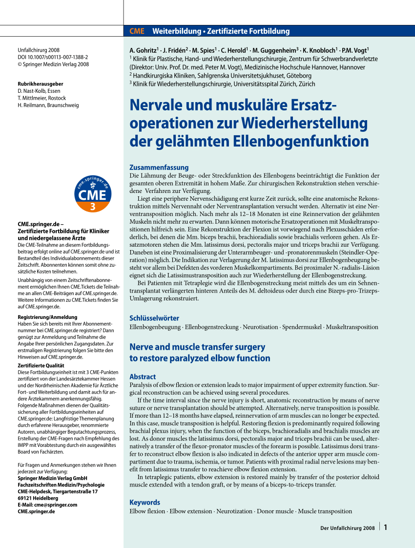 PDF Nervale und muskuläre Ersatzoperationen zur Wiederherstellung der gelähmten Ellenbogenfunktion