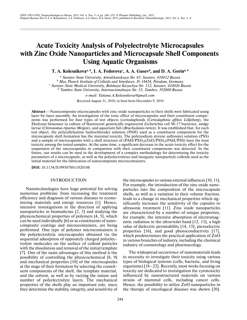 PDF) Acute toxicity analysis of polyelectrolyte microcapsules with zinc oxide nanoparticles and microcapsule shell components using aquatic organisms