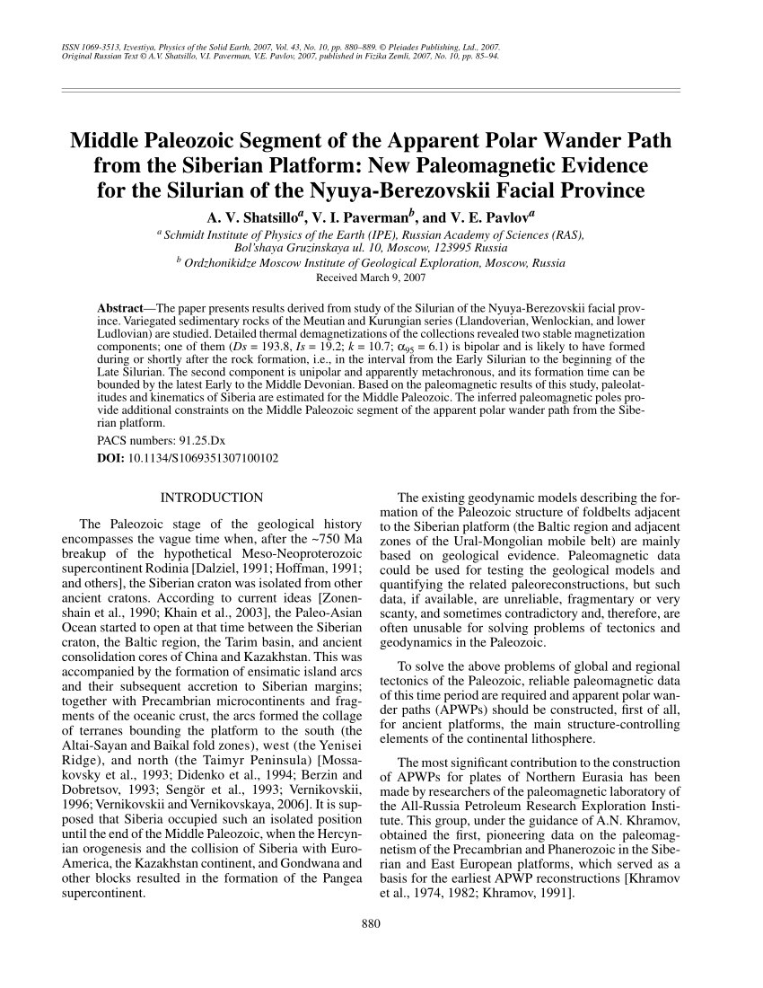 Pdf Middle Paleozoic Segment Of The Apparent Polar Wander Path From The Siberian Platform New Paleomagnetic Evidence For The Silurian Of The Nyuya Berezovskii Facial Province