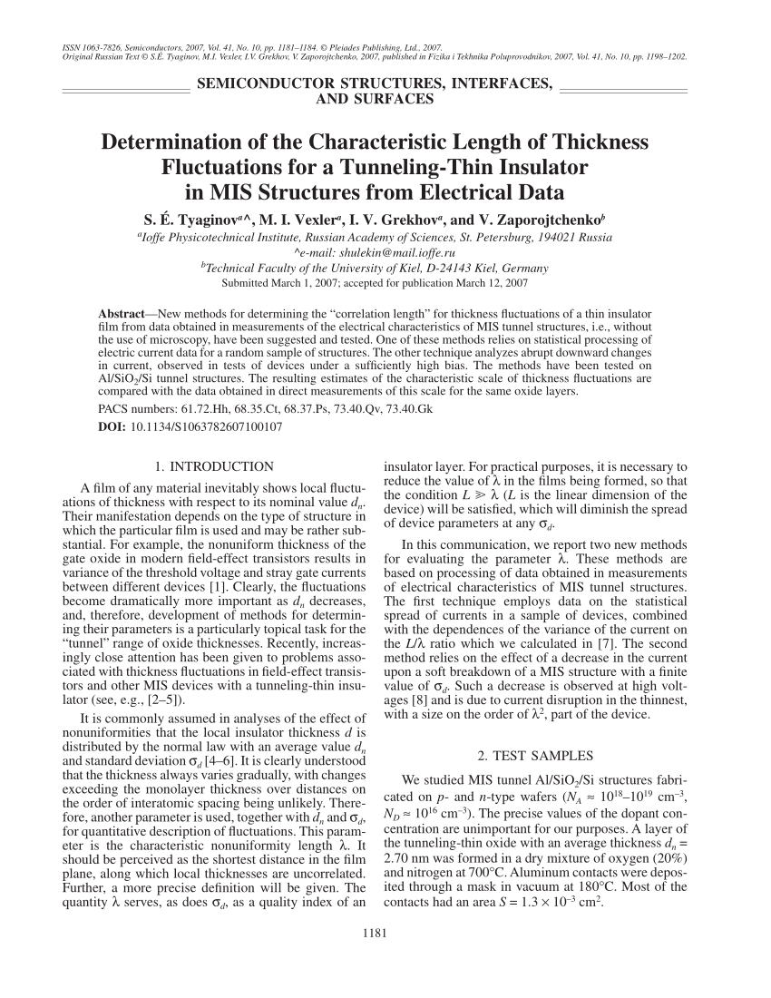 Pdf Determination Of The Characteristic Length Of Thickness Fluctuations For A Tunneling Thin Insulator In Mis Structures From Electrical Data