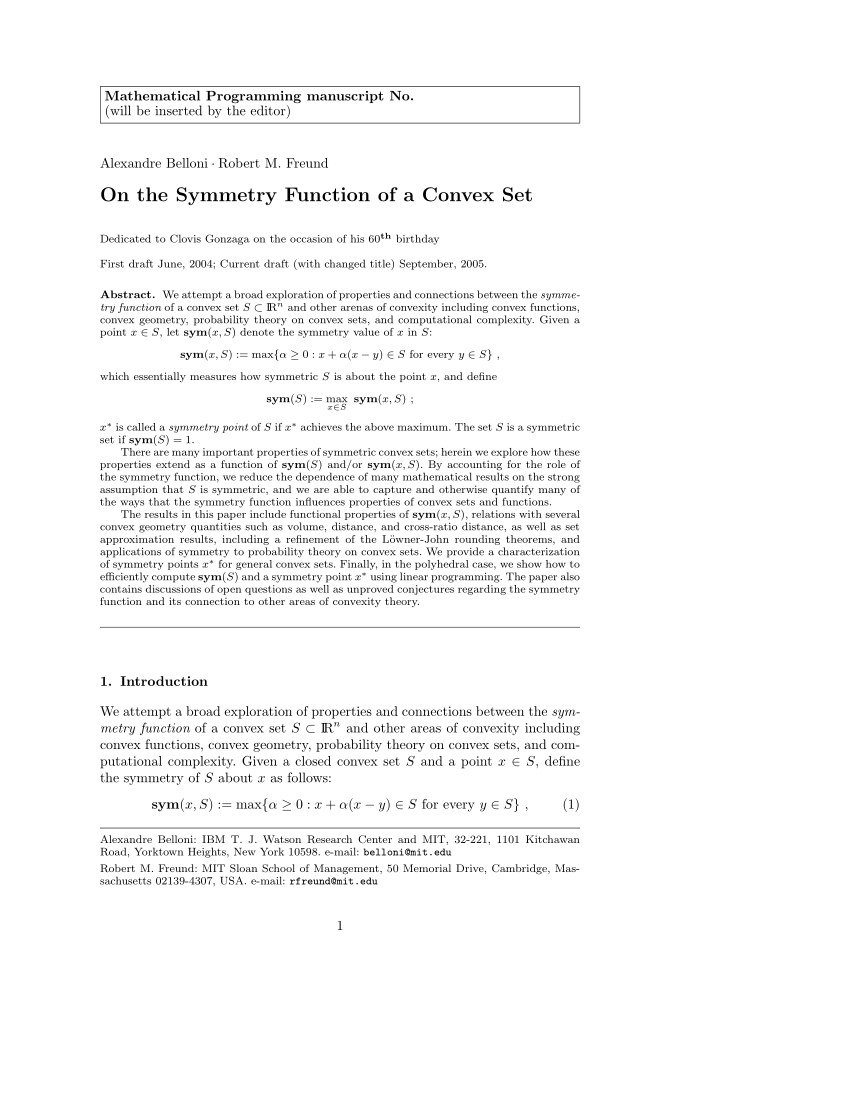 Pdf On The Symmetry Function Of A Convex Set