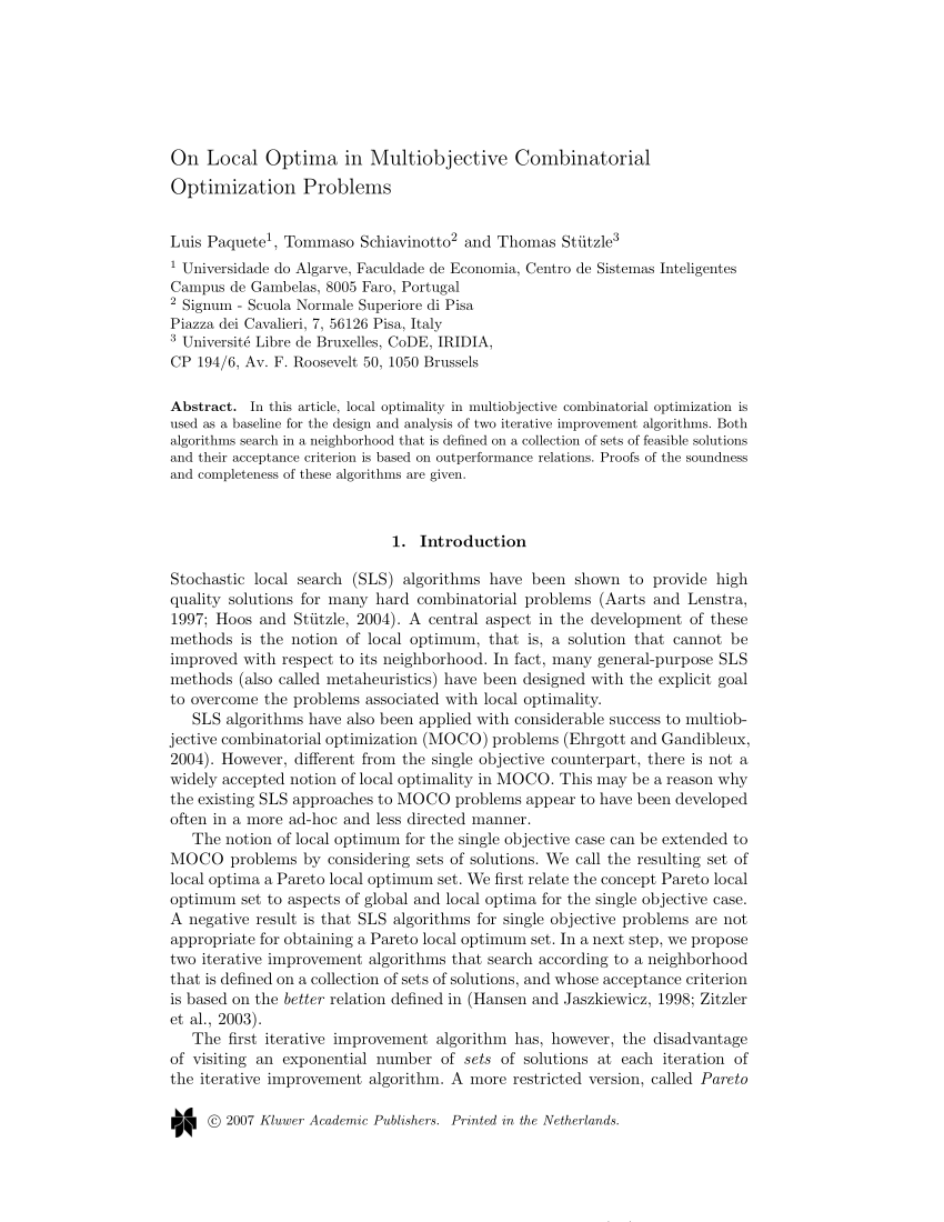 PDF) On local optima in multiobjective combinatorial optimization 