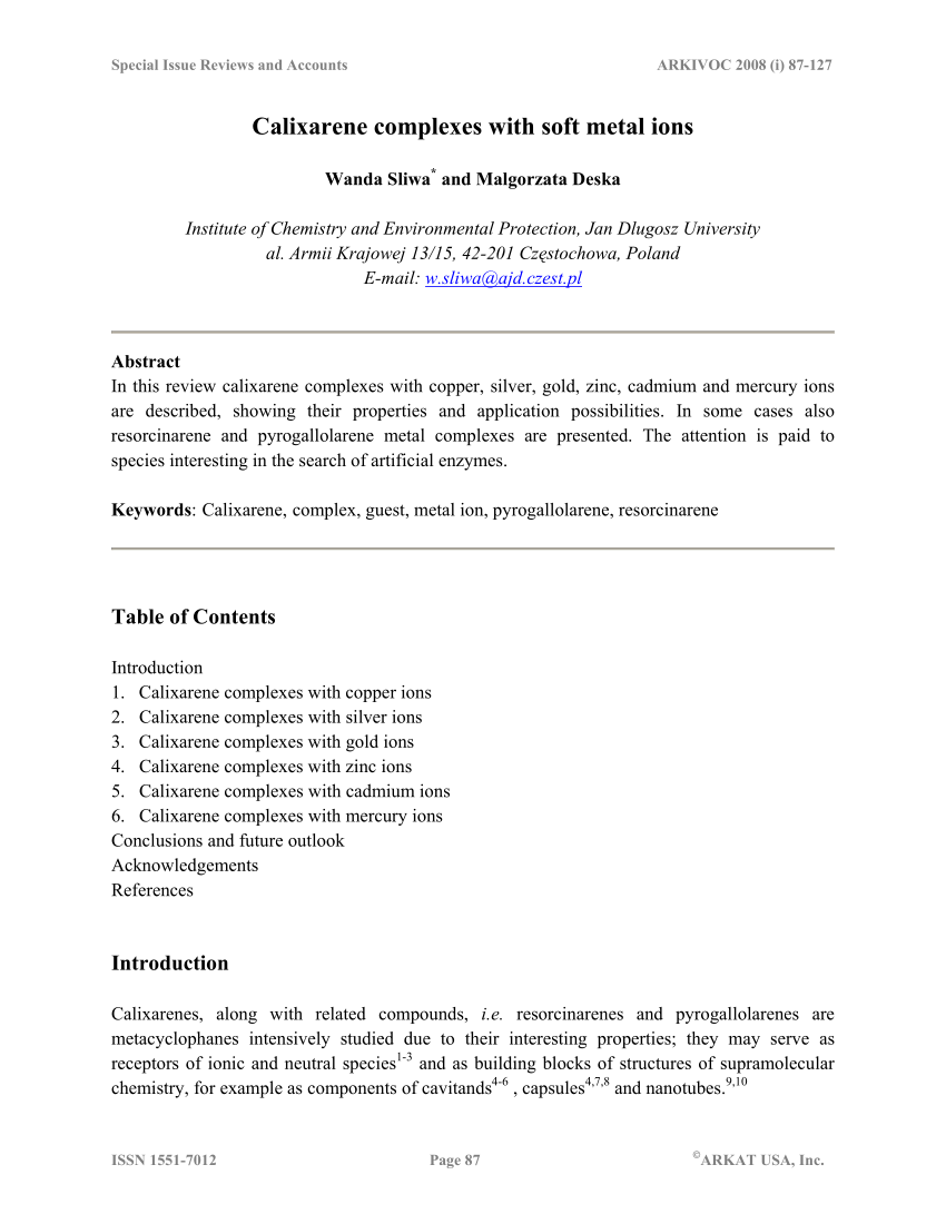 Pdf Calixarene Complexes With Metal Ions