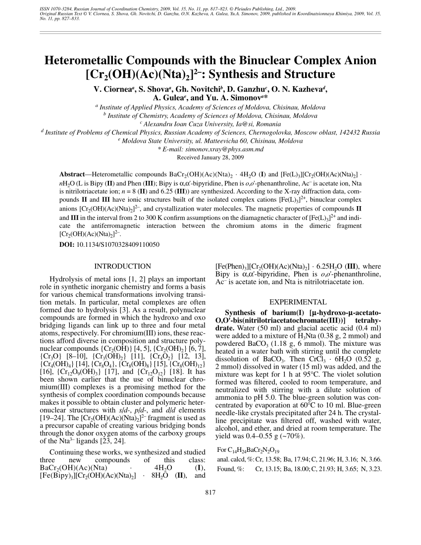Pdf Heterometallic Compounds With The Binuclear Complex Anion Cr2 Oh Ac Nta 2 2 Synthesis And Structure