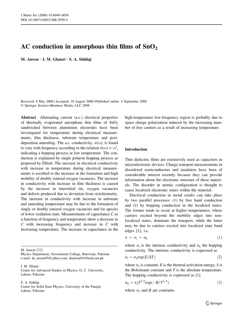 Pdf Ac Conduction In Amorphous Thin Films Of Sno2