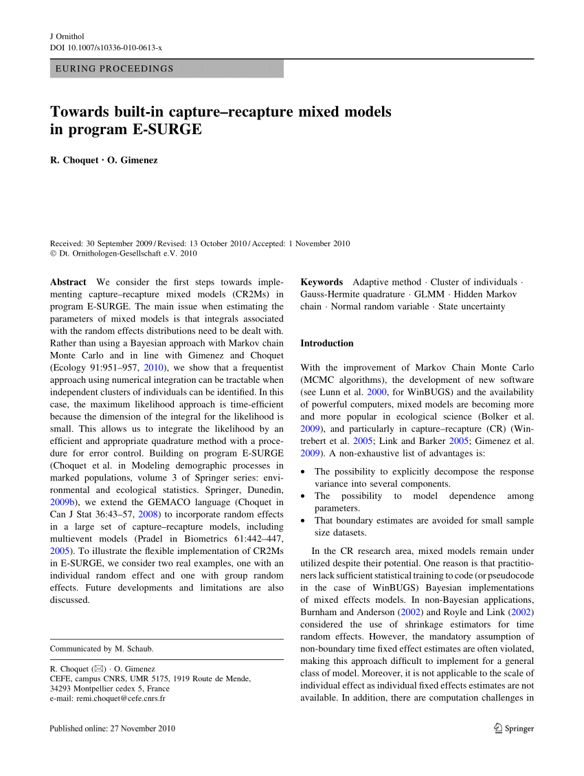 Pdf Towards Built In Capture Recapture Mixed Models In Program E Surge