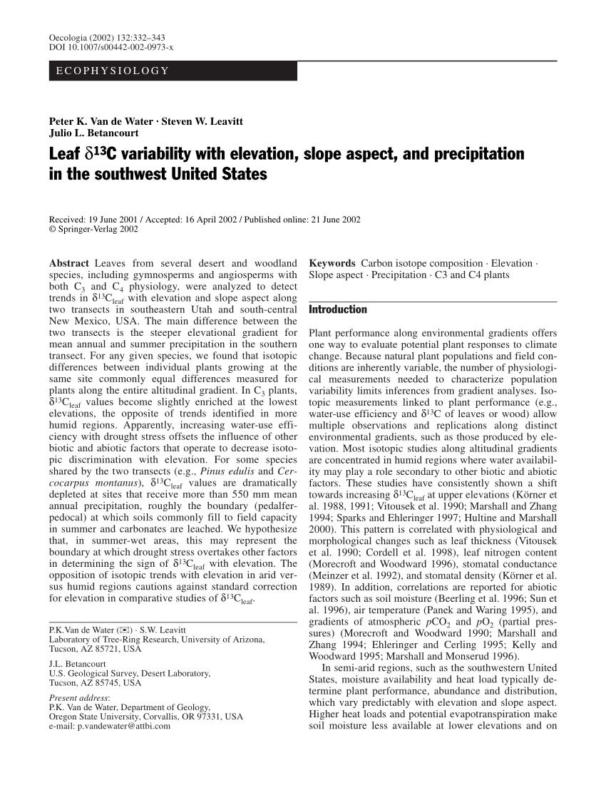 Pdf Leaf 13c Variability With Elevation Slope Aspect And Precipitation In The Southwest United States