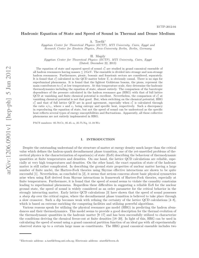 Pdf Hadronic Equation Of State And Speed Of Sound In Thermal And Dense Medium