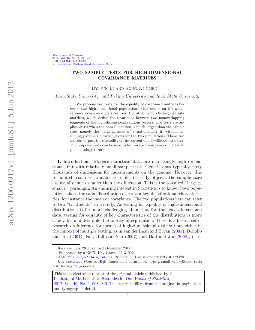 Pdf Two Sample Tests For High Dimensional Covariance Matrices