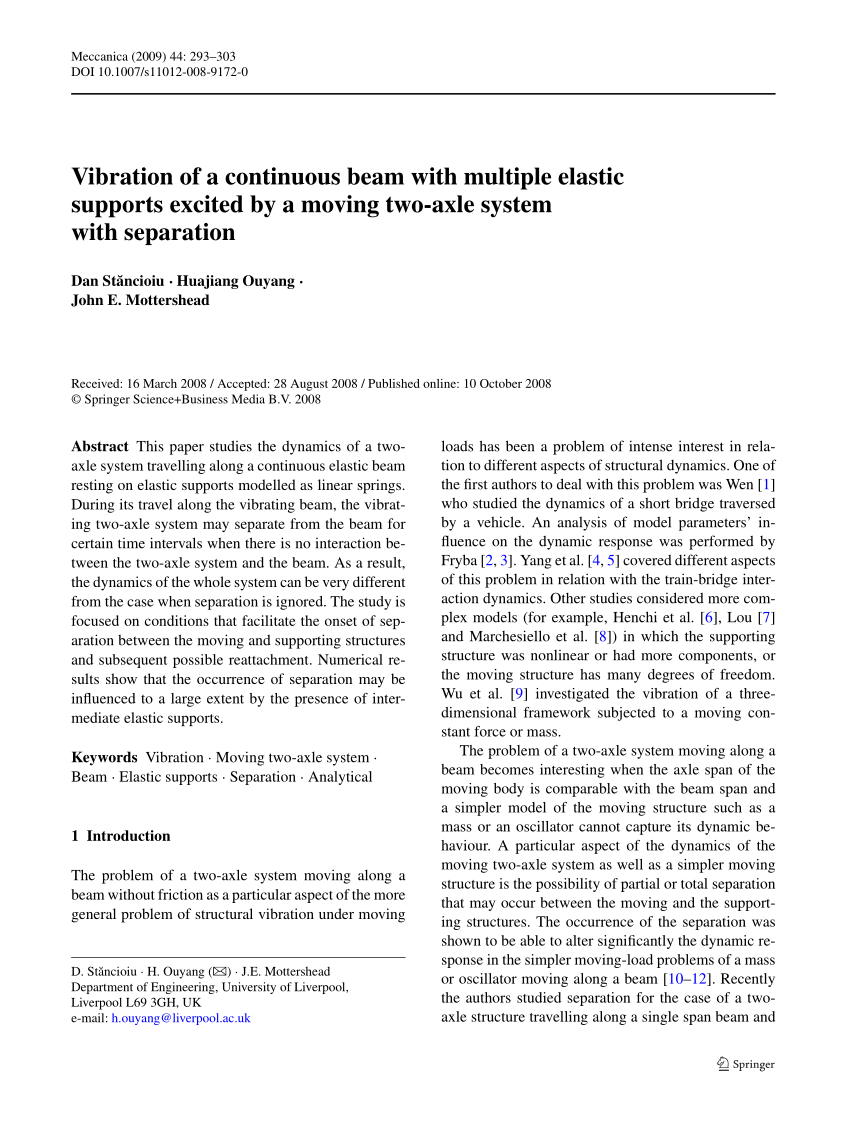Pdf Vibration Of A Continuous Beam With Multiple Elastic Supports Excited A Moving Two Axle System With Separation