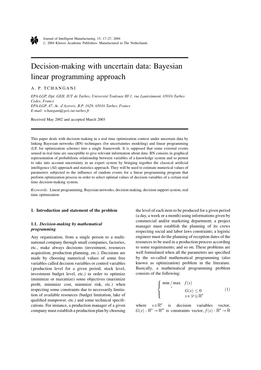 Pdf Decision Making With Uncertain Data Bayesian Linear Programming Approach