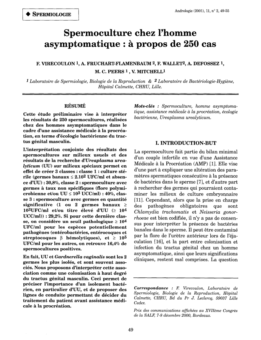 PDF) Spermoculture chez l'homme asymptomatique: à propos de 250 cas