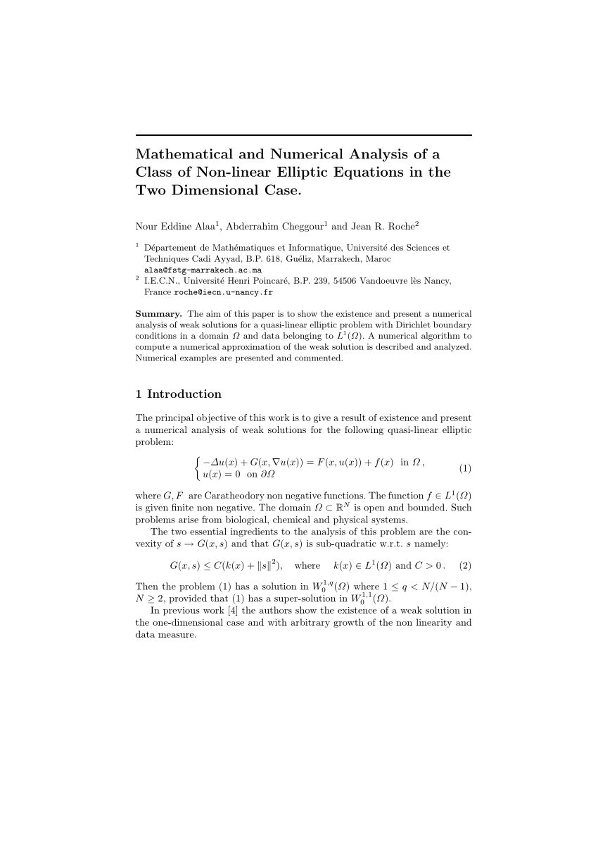 Pdf Mathematical And Numerical Analysis Of A Class Of Non Linear Elliptic Equations In The Two Dimensional Case