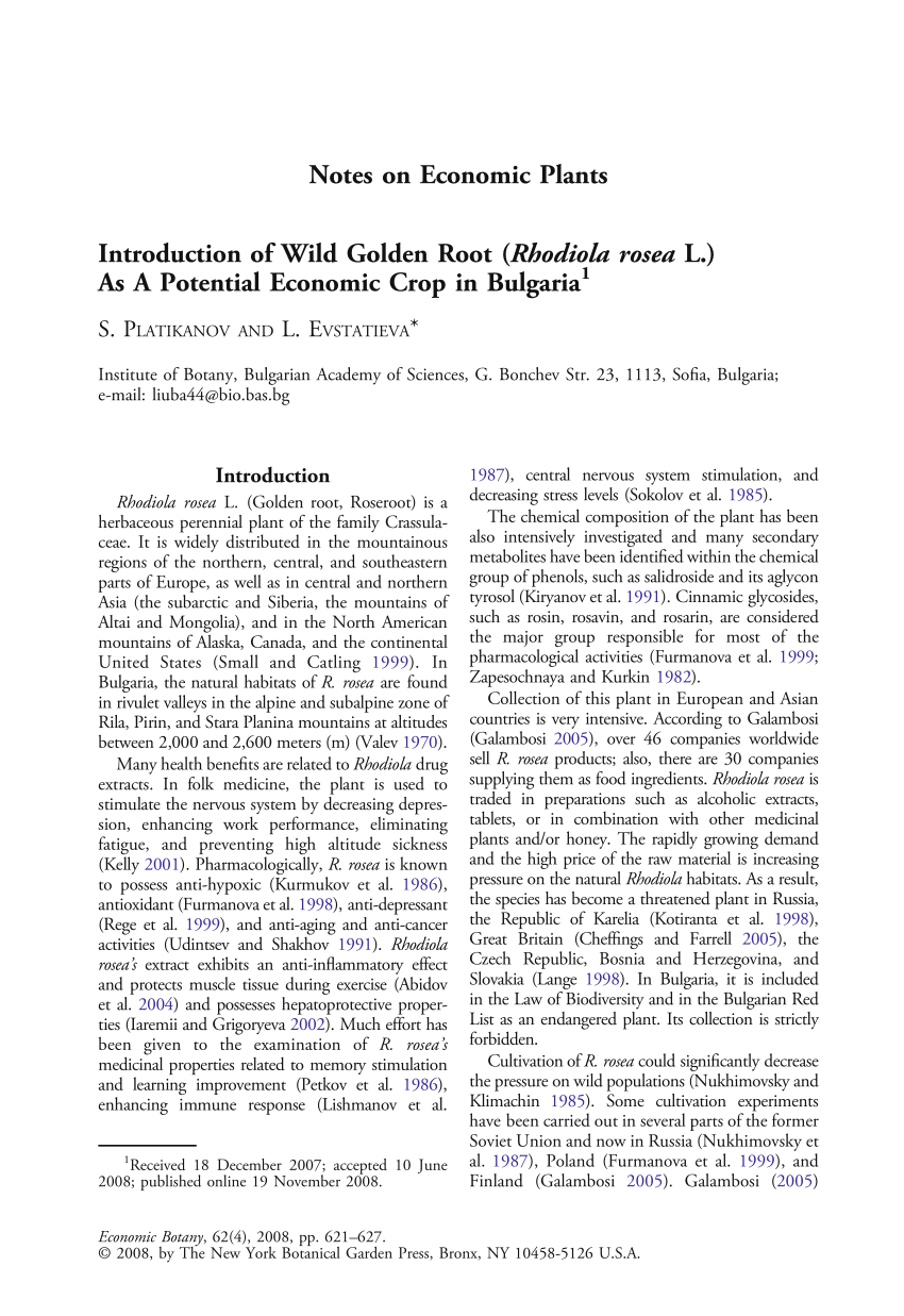 Pdf Introduction Of Wild Golden Root Rhodiola Rosea L As A Potential Economic Crop In Bulgaria