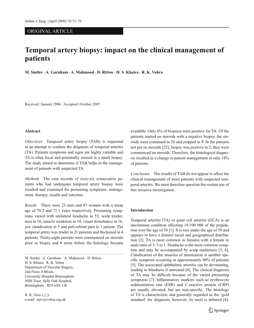 Pdf Temporal Artery Biopsy Impact On The Clinical Management Of Patients