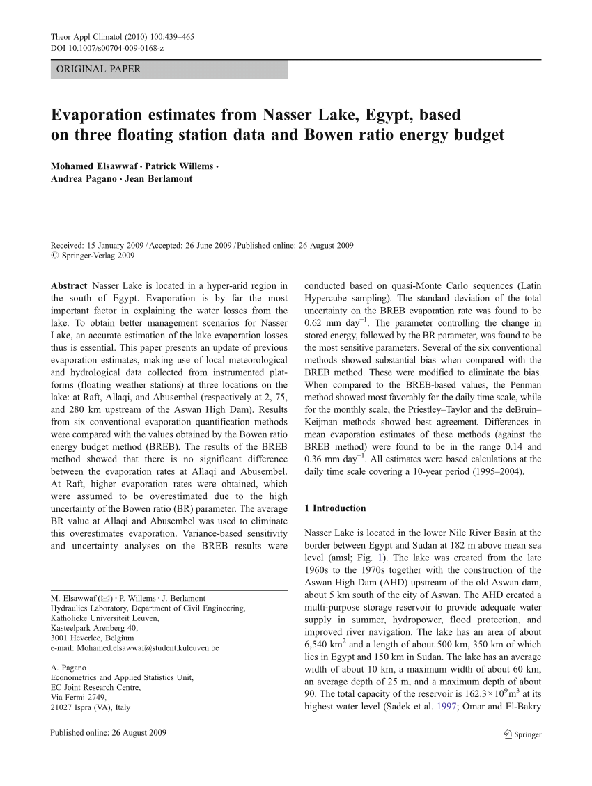 Pdf Evaporation Estimates From Nasser Lake Egypt Based On Three Floating Station Data And Bowen Ratio Energy Budget