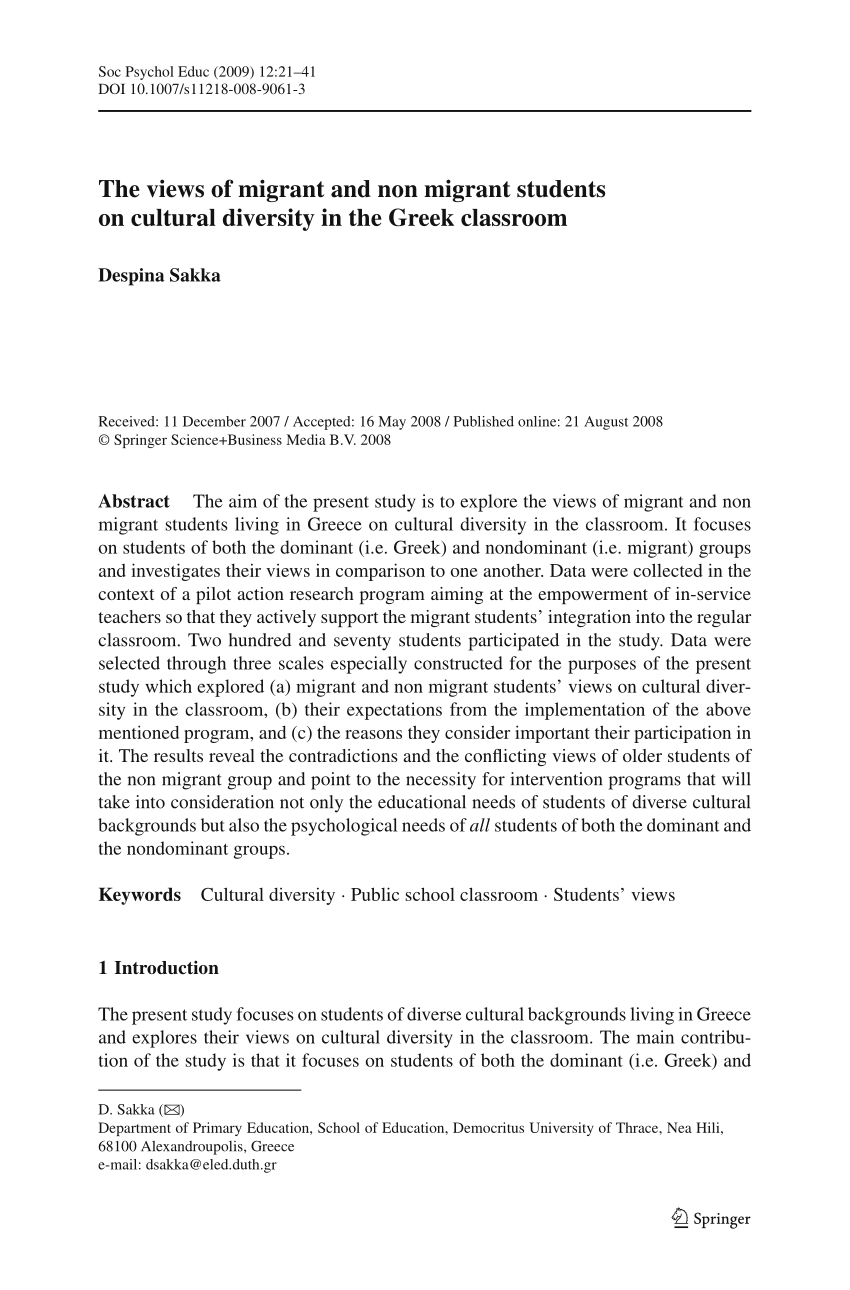 Pdf The Views Of Migrant And Non Migrant Students On Cultural Diversity In The Greek Classroom
