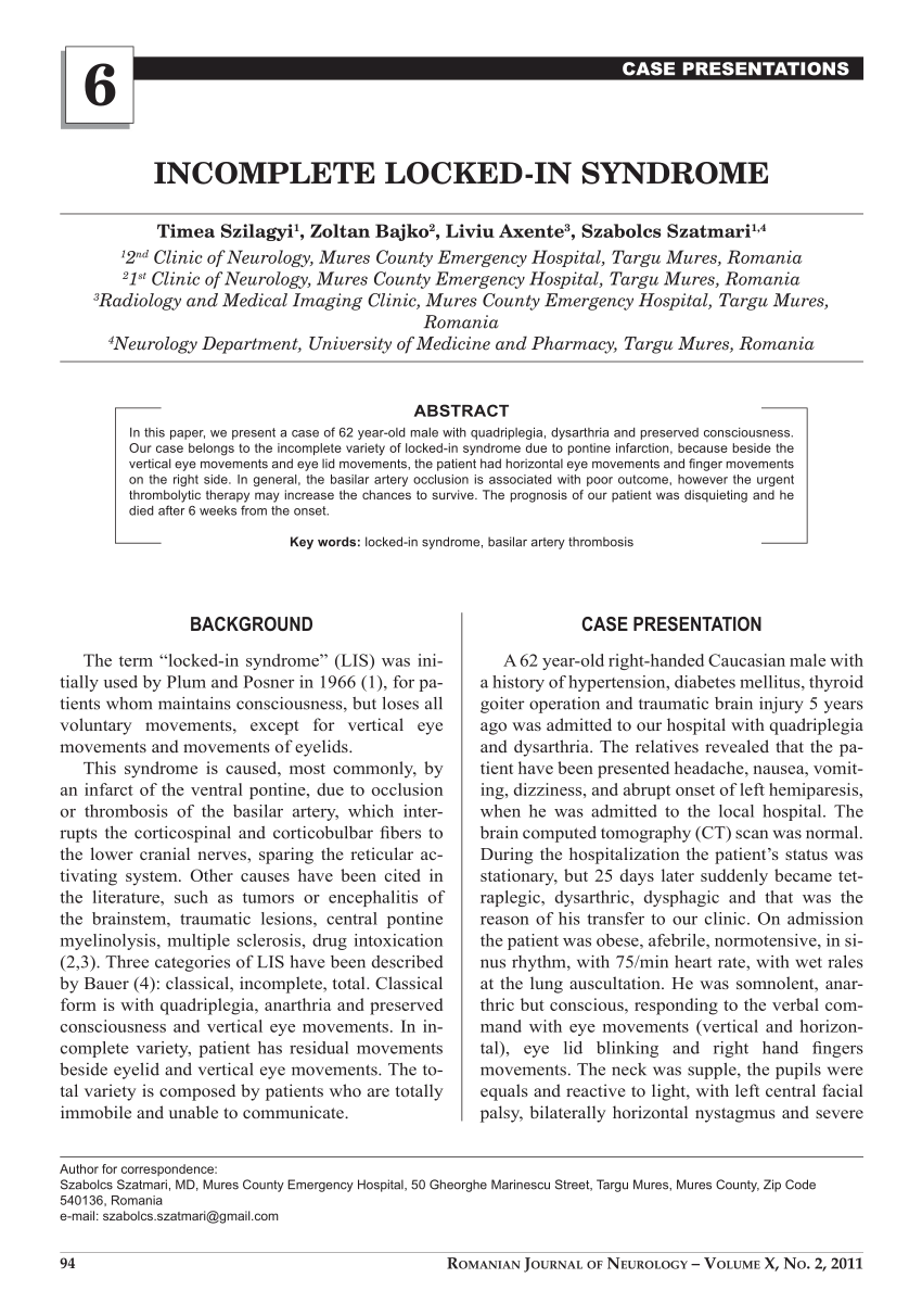 Pdf Incomplete Locked In Syndrome