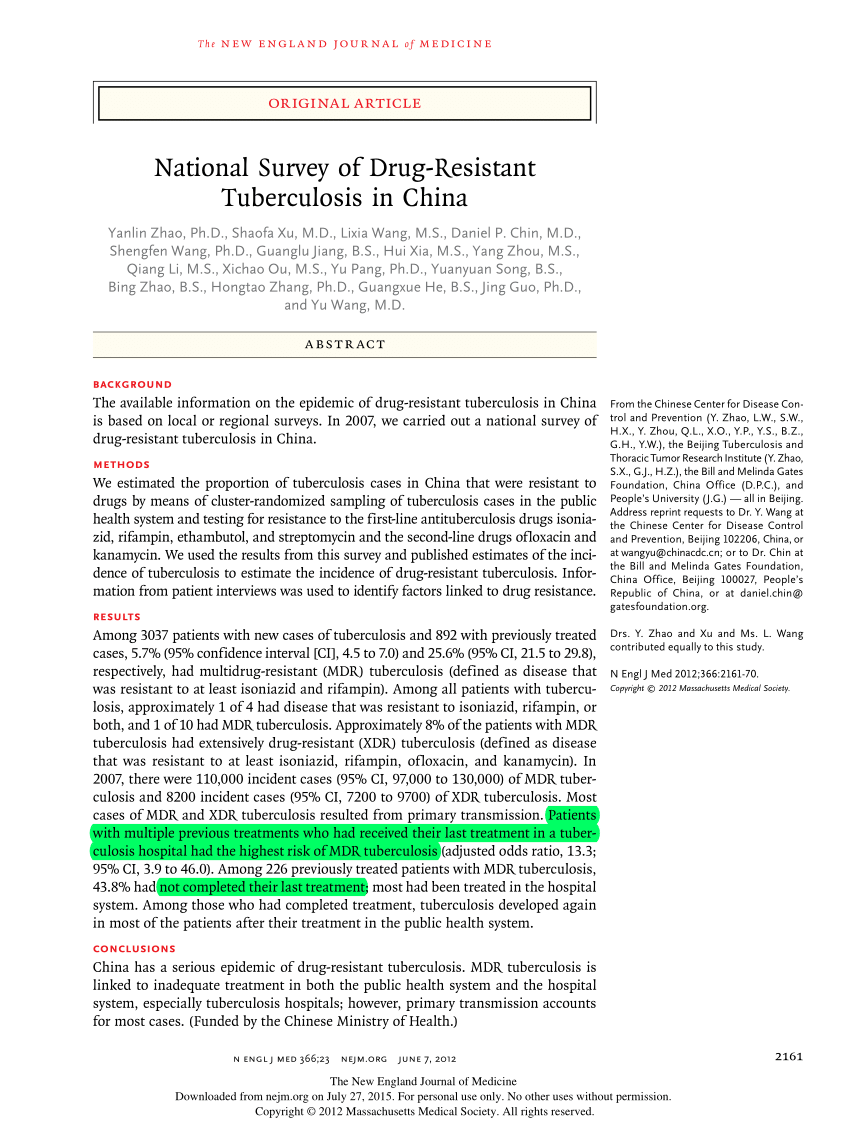 Pdf National Survey Of Drug Resistant Tuberculosis In China - 