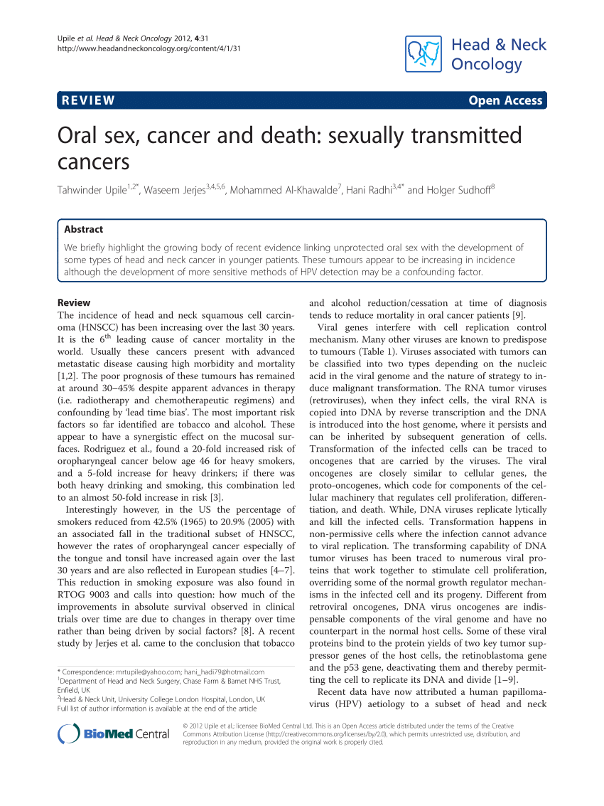 Pdf Oral Sex Cancer And Death Sexually Transmitted Cancers