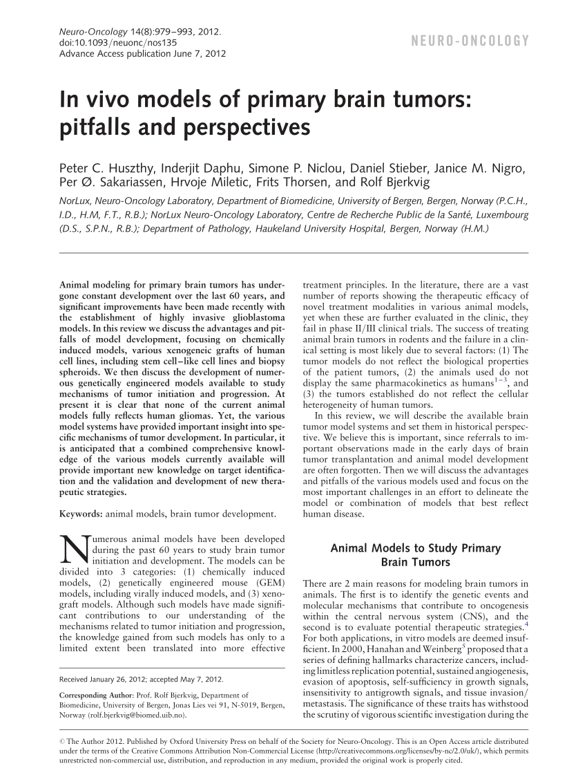 Pdf In Vivo Models Of Primary Brain Tumors Pitfalls And Perspectives
