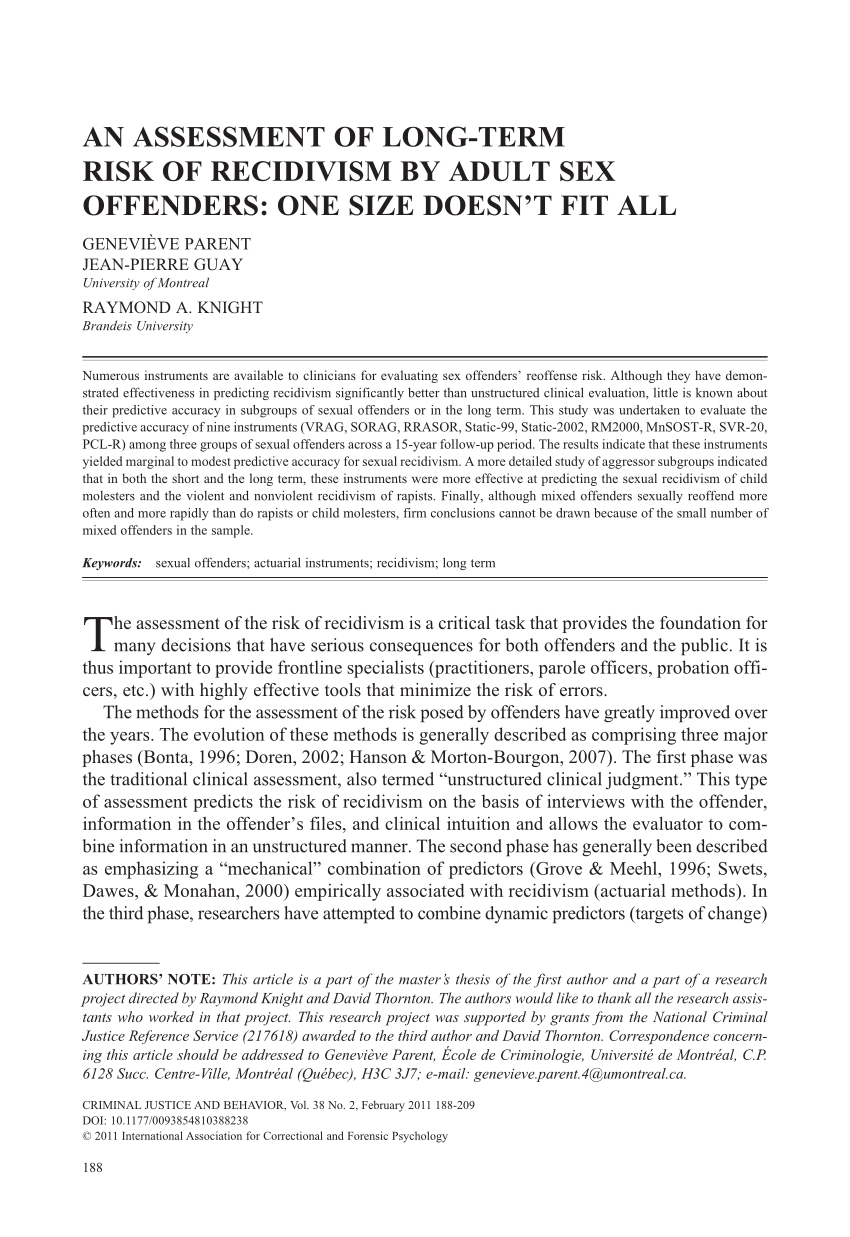 Pdf An Assessment Of Long Term Risk Of Recidivism By Adult Sex Offenders One Size Doesnt Fit All 3872