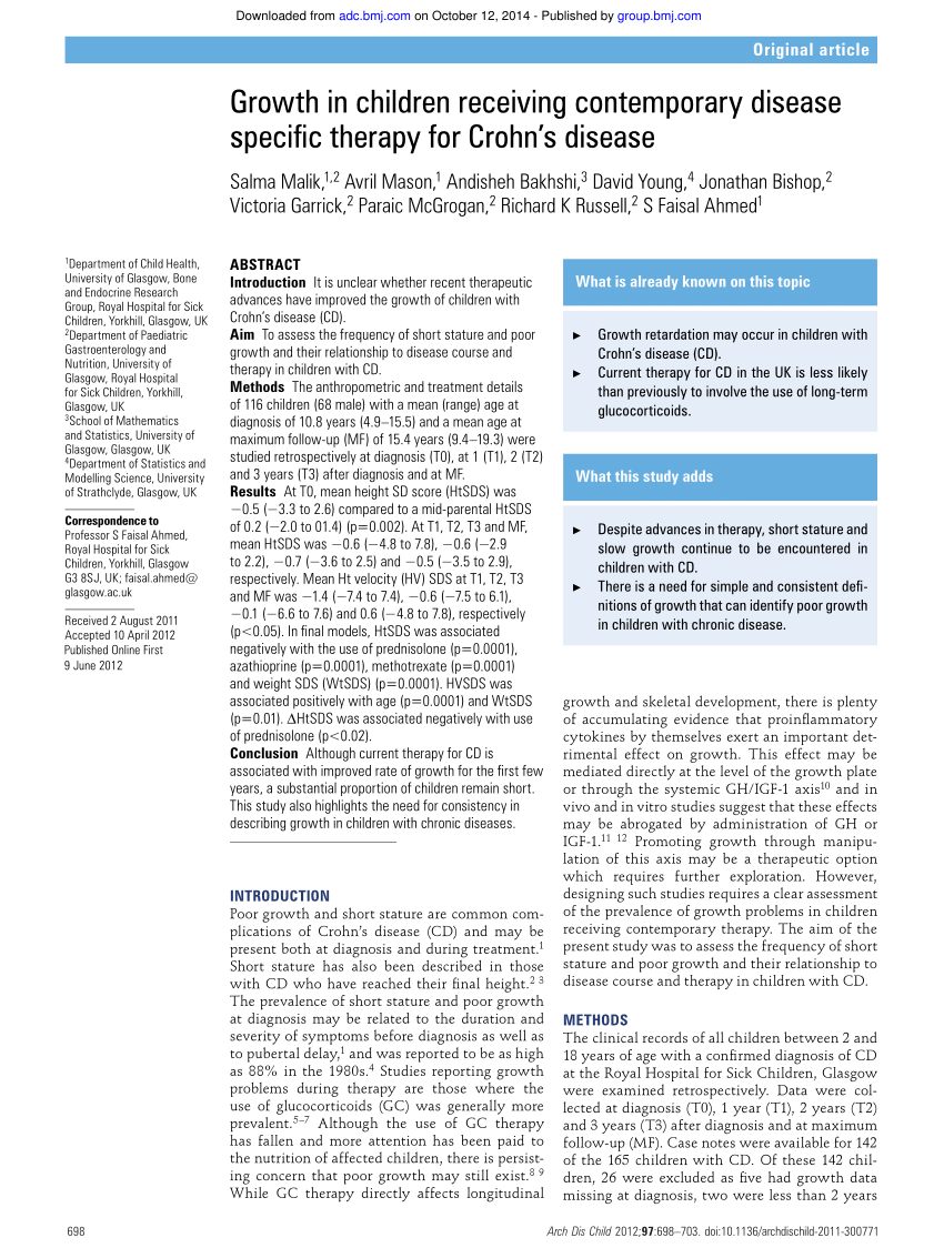 Pdf Growth In Children Receiving Contemporary Disease Specific Therapy For Crohn S Disease