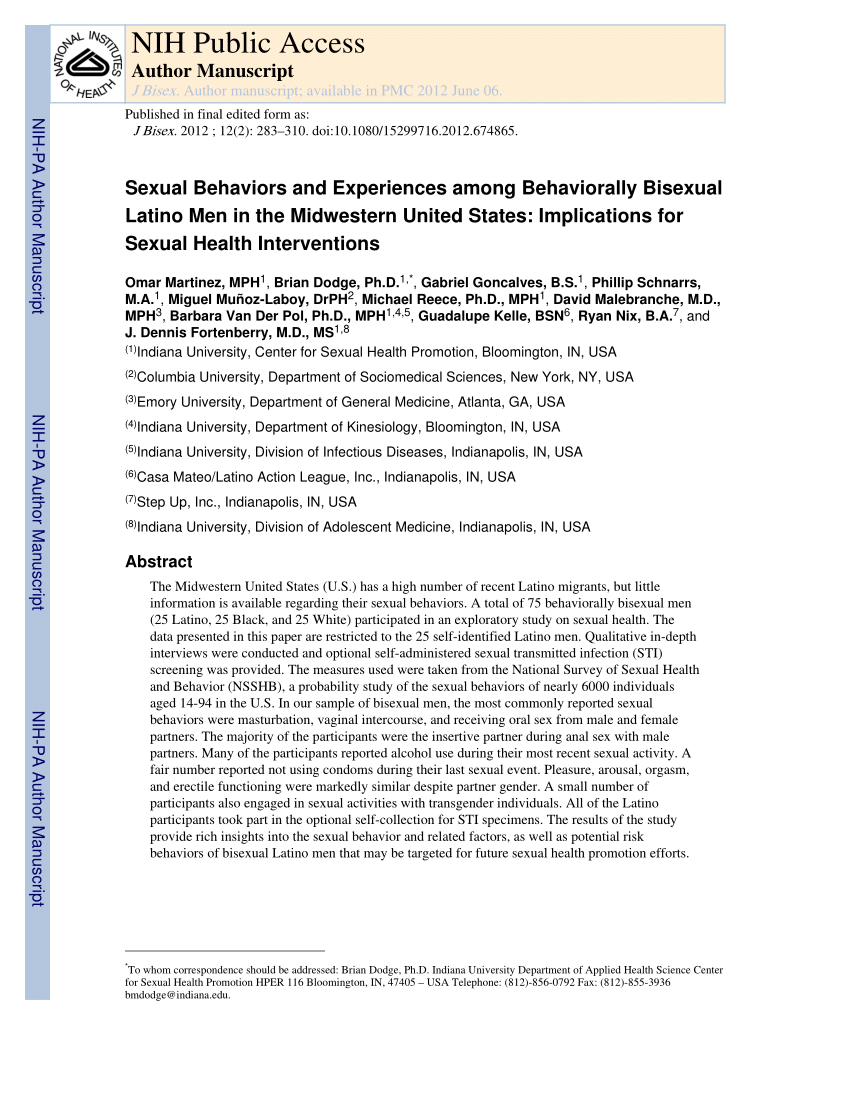 Pdf Sexual Behaviors And Experiences Among Behaviorally Bisexual Latino Men In The Midwestern
