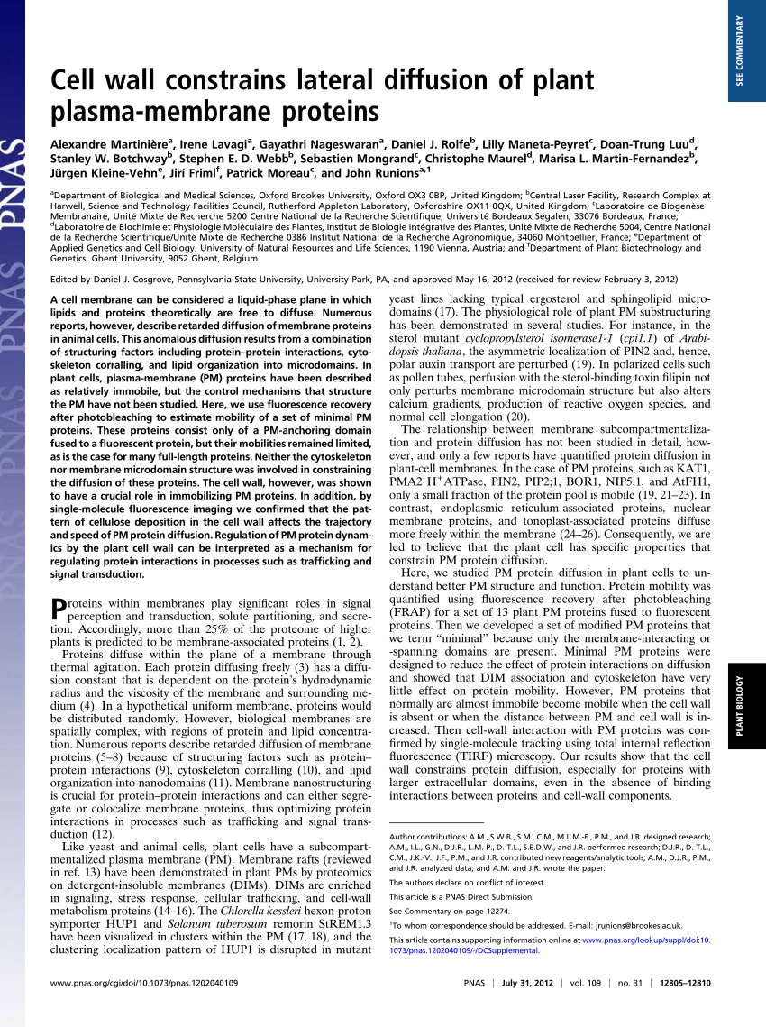 Pdf Cell Wall Constrains Lateral Diffusion Of Plant Plasma Membrane Proteins