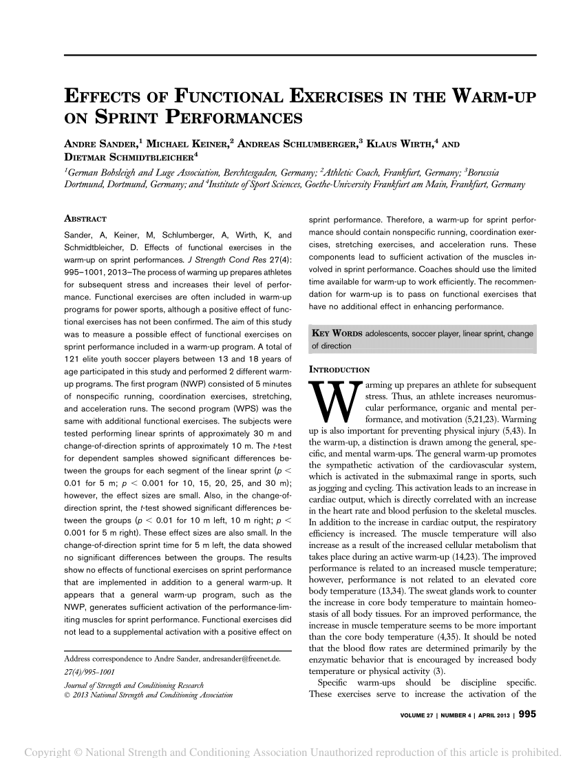 PDF) of Functional Exercises in the Warm-up on Sprint Performances