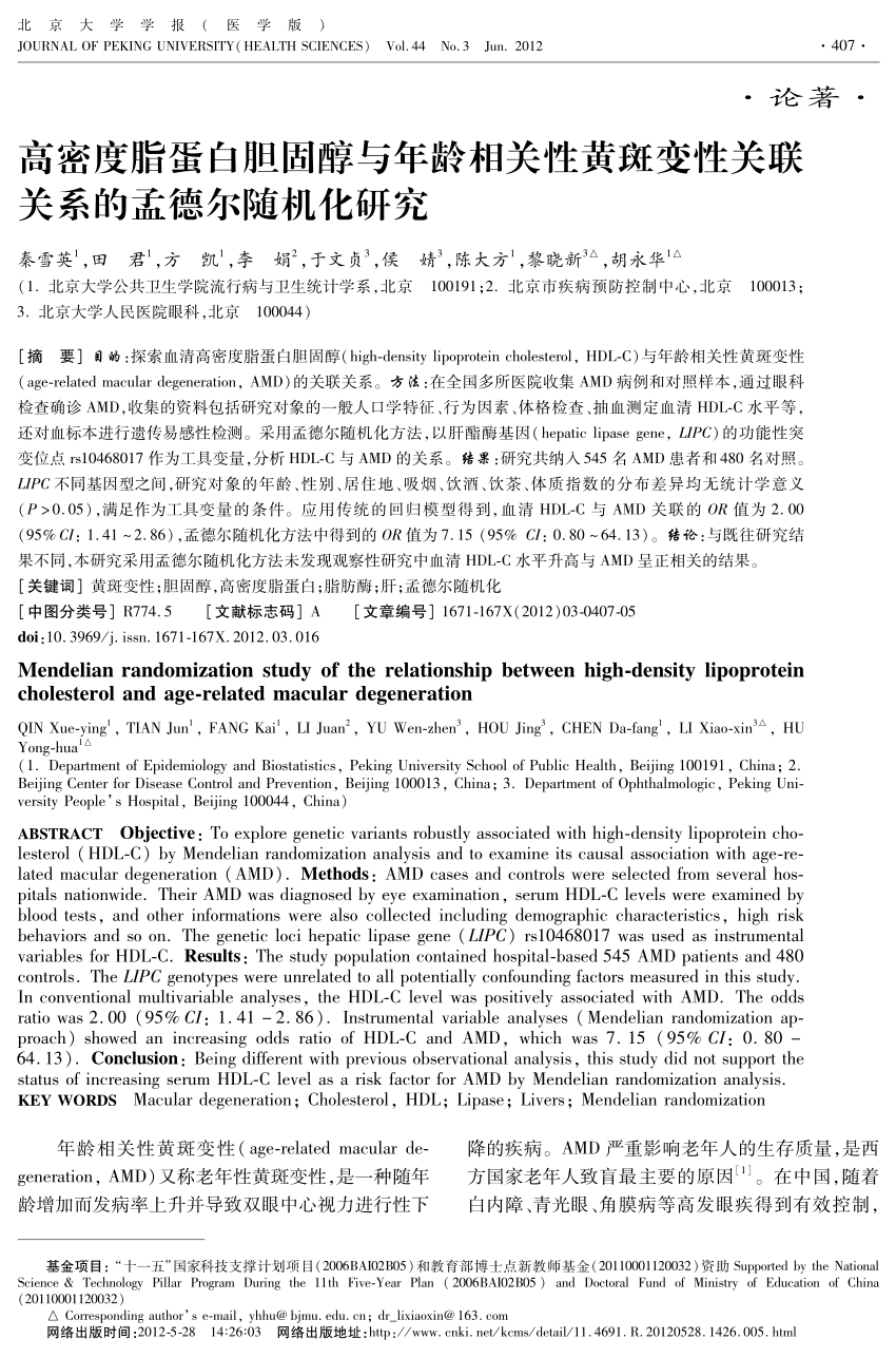 Pdf Mendelian Randomization Study Of The Relationship Between High Density Lipoprotein Cholesterol And Age Related Macular Degeneration
